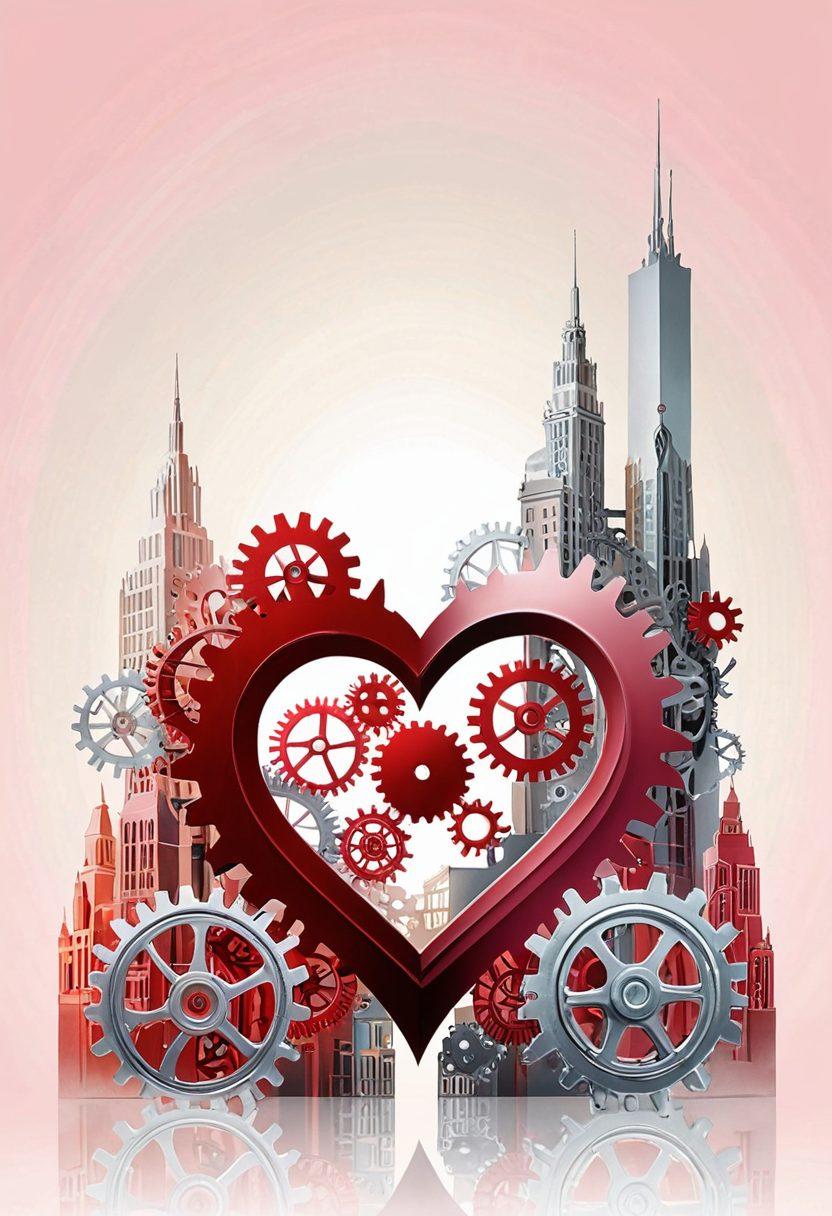 An abstract rendering showcasing a heart intertwined with gears and buildings, symbolizing the connection between personal relationships and business. Include soft, warm colors to evoke feelings of love and safety, with subtle overlays of insurance documents in the background to signify the theme. The image should have a blend of modern and classic elements, reflecting the importance of both aspects. super-realistic. vibrant colors. soft focus.