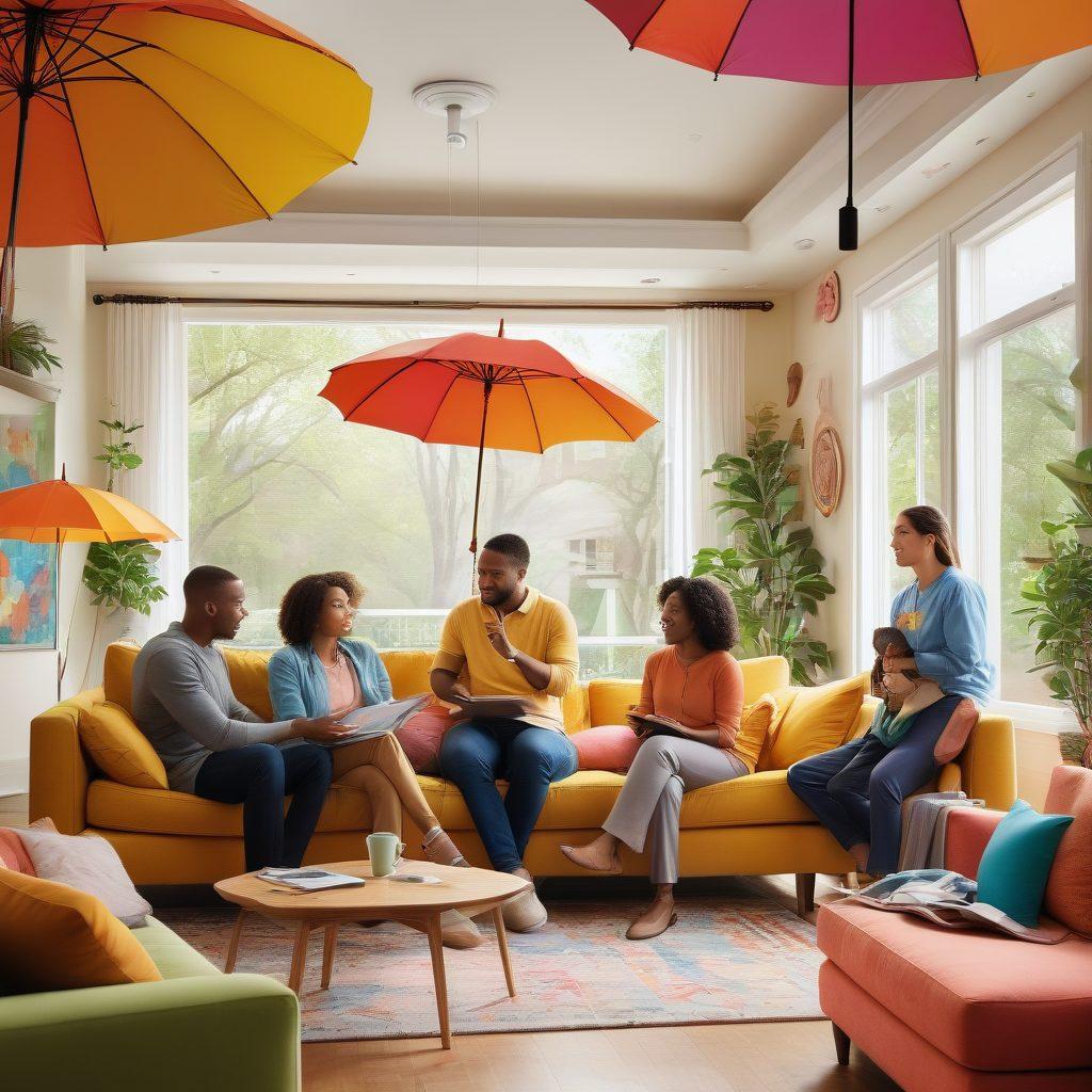 A visually striking collage featuring a diverse group of people engaging with various types of insurance in everyday scenarios, such as a family considering health coverage, a business owner reviewing policies, and a young couple discussing life insurance. The background includes subtle symbols of protection like umbrellas and shields, with quotes about security and peace of mind layered artistically throughout. Bright colors to evoke assurance and professionalism. super-realistic. vibrant colors. dynamic composition.