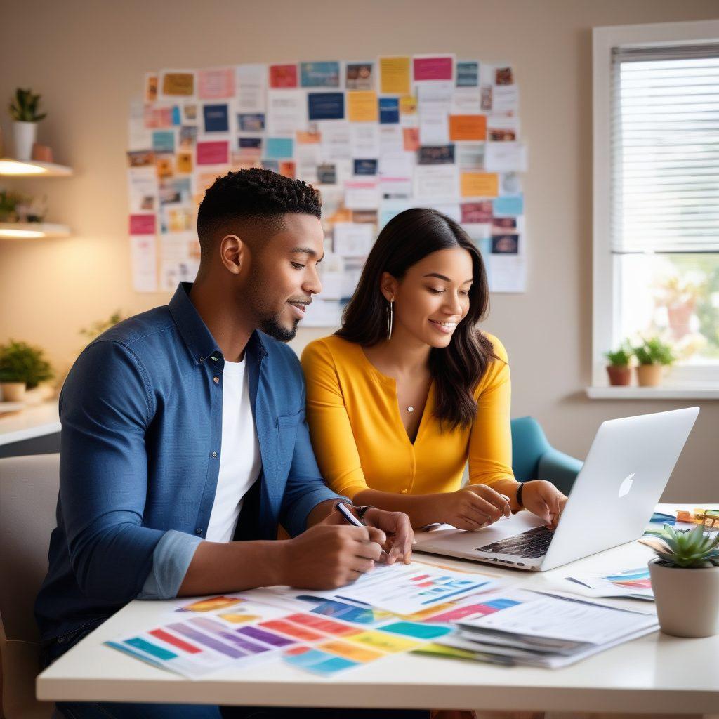 A thoughtful couple discussing their insurance options at a modern desk, surrounded by documents and a laptop displaying various insurance plans. In the background, a vision board showcasing personal and business dreams, with icons representing love and finance. Soft, inviting lighting enhances the warm atmosphere. super-realistic. vibrant colors. soft background.